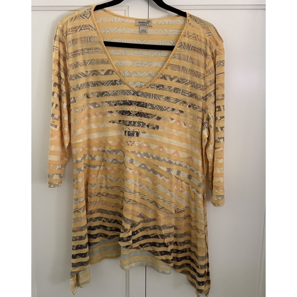 Y2K One World Live & Let Live Tunic Top XLarge Rhinestone Soft Stretch Knit Boho